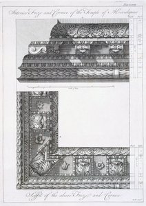 「ダルマチアのスパラトロの皇帝ディオクレティアヌス帝の宮殿の遺跡」からのアスクレピオス神殿の内部フリーズとコーニス 作： Robert Adam